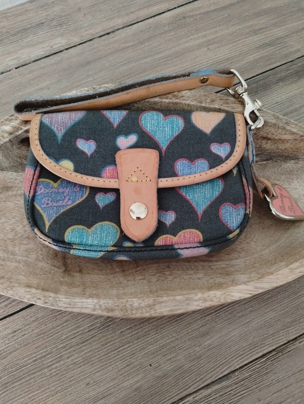 Vintage Dooney & Bourke Heart Print Wristlet Bag in Multicolor